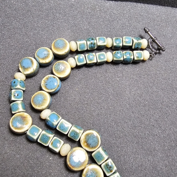 Boho Turquoise Ceramic/Porcelain Bead Statement Necklace Sterling Silver Clasp t - Picture 4 of 8